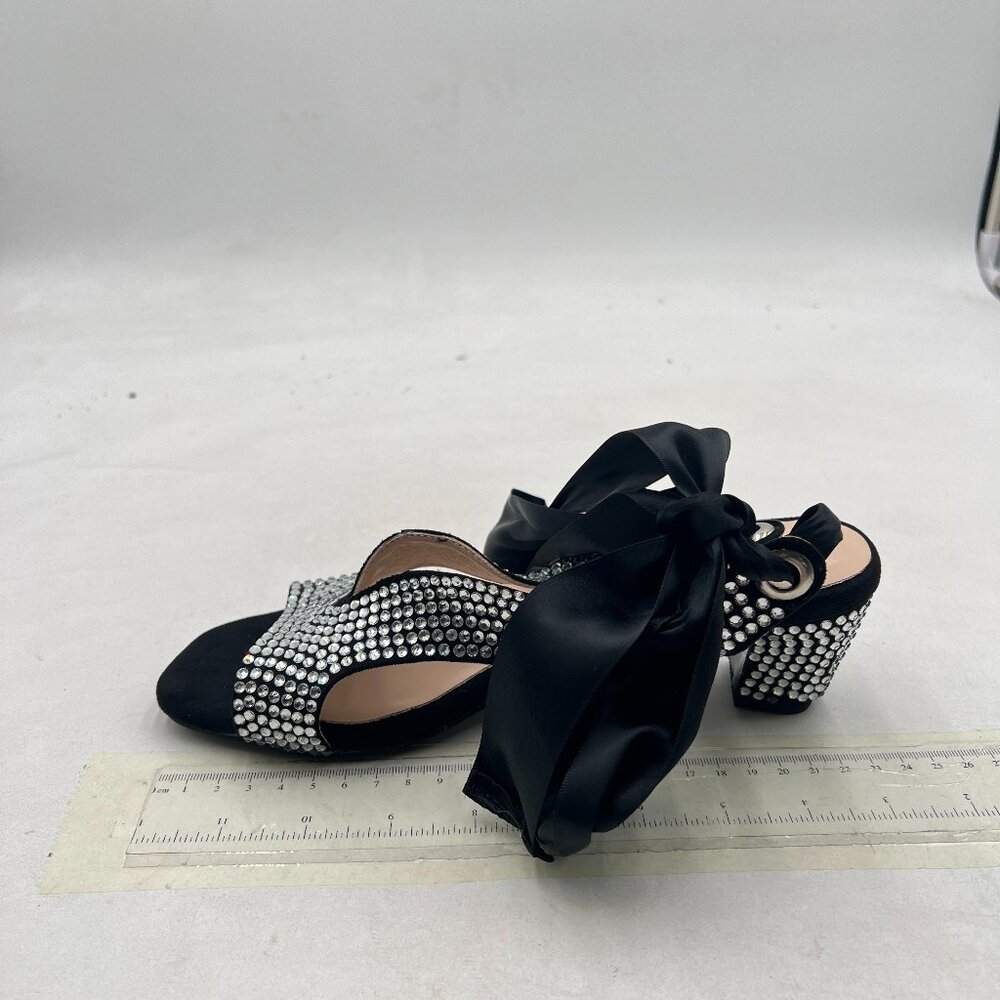 FSJ Black Ankle Strap Sandals Rhinestone Open Toe Strappy Chunky Heel Shoes